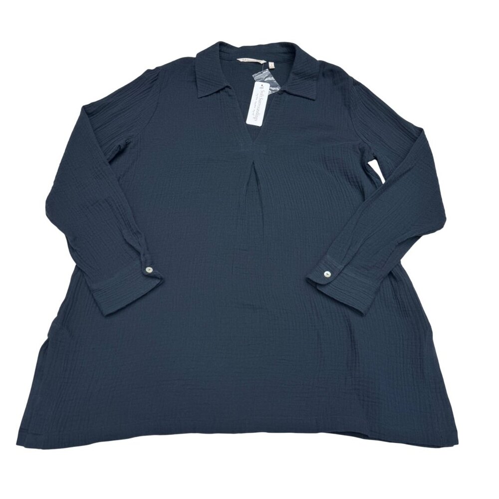 NEW Soft Surroundings Navy Blue Textured LS Tunic Blouse V-Neck Women's Size L